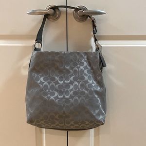 Coach shoulder bag.  Silver with grey patent trim
